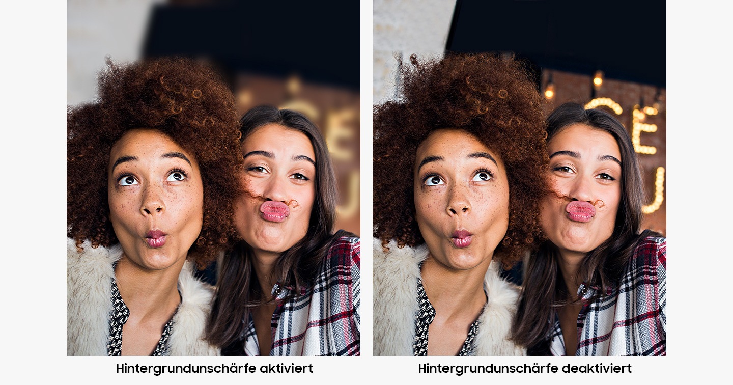 Photo captured by Galaxy A's depth camera focusing on two women making silly faces