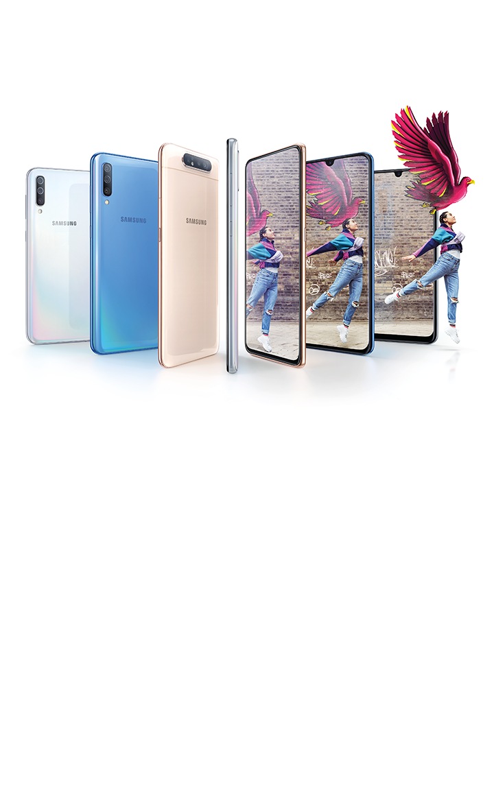 Galaxy A lineup fanning out to reveal a skateboarder moving beyond the screen.
