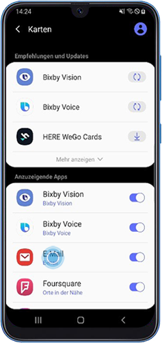 Tippe auf die gewünschte Karte, um diese im Bixby Startbildschirm deines Galaxy Smartphones anzuzeigen.