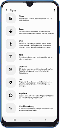 Du siehst eine Liste mit Objekten, die von Bixby Vision mit deinem Galaxy Smartphone erkannt werden.