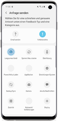 Waehlen Sie den Fehlertyp, der in Ihrem Galaxy Smartphone auftritt, um den Fehlerbericht ueber Samsung Members zu senden.