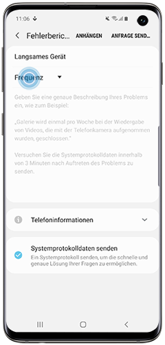 Waehlen Sie die Frequenz des Fehlers Ihres Galaxy Smartphones, um den Fehlerbericht ueber Samsung Members zu senden.