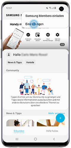 Tippen Sie auf Einstellungen, um automatische Fehlerberichte mit Samsung Members fuer Ihr Galaxy Smartphone zu erstellen.