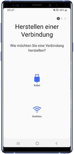 Wählen Sie aus, welche Verbindungsart Sie mit Ihrem Galaxy Smartphone über Smart Switch herstellen möchten.