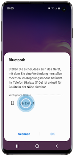 Das Bluetooth-Empfangsgerät wird in der automatischen Suche des Galaxy S10e angezeigt.