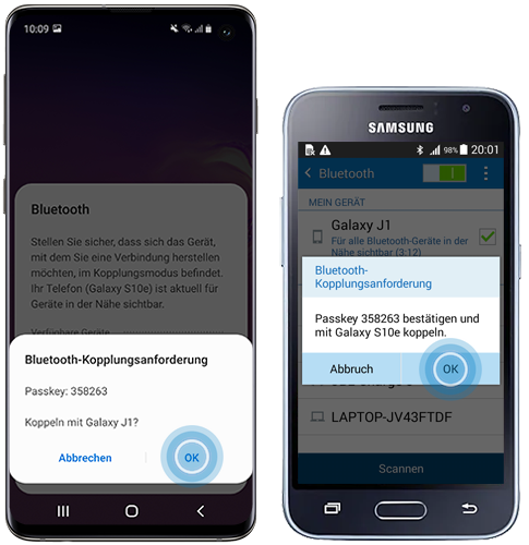 Bluetooth-Kopplungsanfrage wird im Galaxy S10e und Galaxy J1 angezeigt.