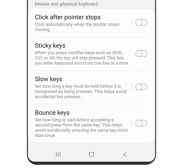 The 'Mouse and physical keyboard' menu is displayed. Menu of 'Click after pointer stops', 'Sticky keys', 'Slow keys' and 'Bounce keys' are listed. The 'click after pointer stops' will automatically click if the pointer does not move.