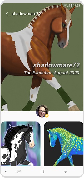 Brown and white horse, black and white horse, and blue and yellow horse drawings are shown.