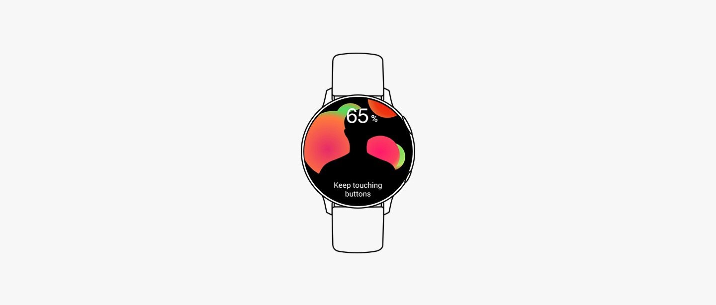 Illustration of a smartwatch is shown with the text "65%" and "Keep touching buttons" on the watch screen.