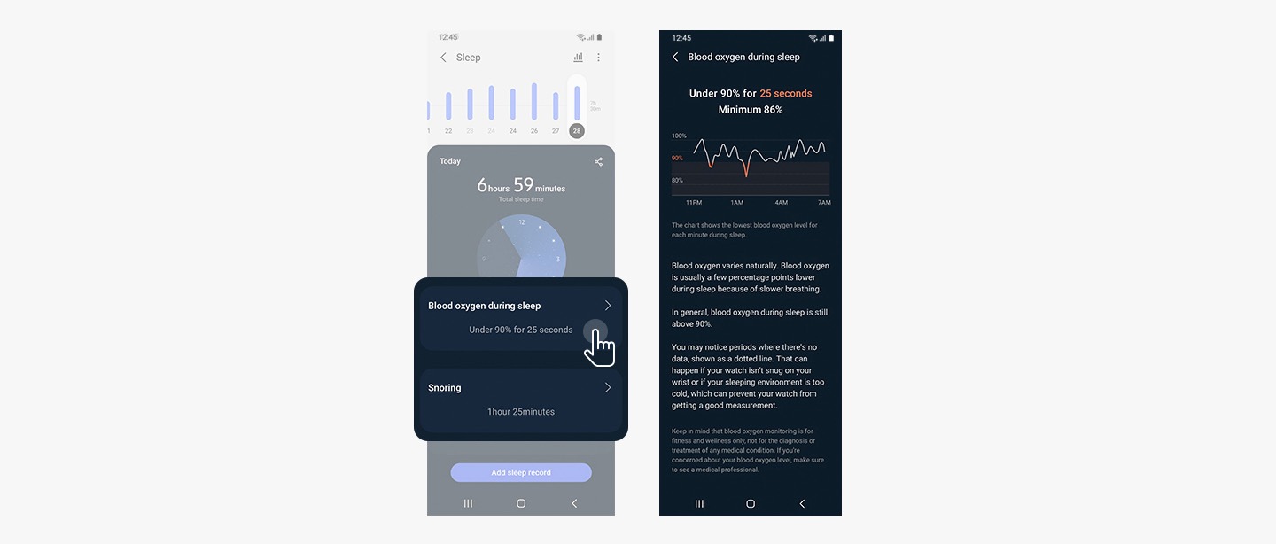Two smartphone GUIs are shown. First GUI shows the "Blood oxygen during sleep" and "Snoring" results prompt over a smartphone displaying the "Sleep" GUI. Illustrated pointing hand is shown tapping "Blood oxygen during sleep Under 90% for 25 secs" results prompt. Second GUI shows the "Blood Oxygen during sleep" results with a 86% Minimum and 99% Maximum and a line graph of Blood oxygen levels over time.