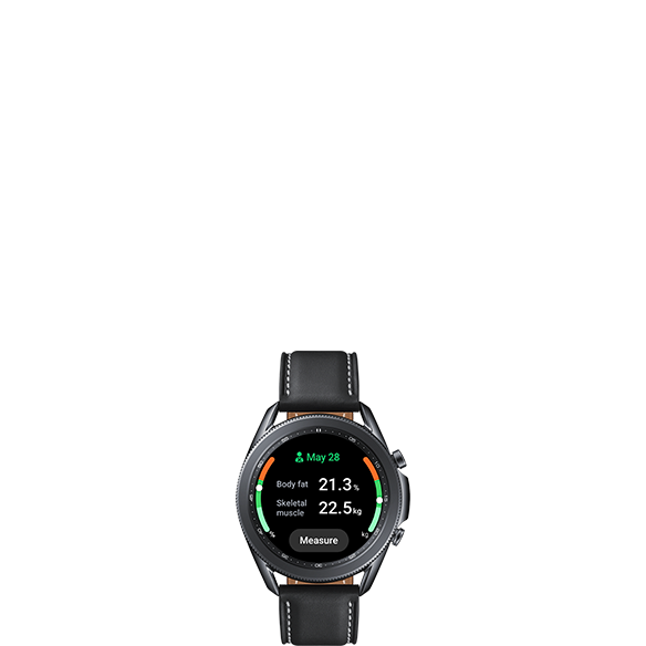 Galaxy Watch is shown displaying Body Composition analysis. Woman wearing athletic clothing and checking her smartwatch is shown in the background.