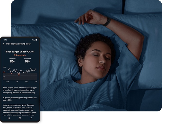 Galaxy smartphone is shown displaying Blood oxygen level results. Behind the smartphone, a woman wearing a smartwatch is shown sleeping in bed with her arm above her head.