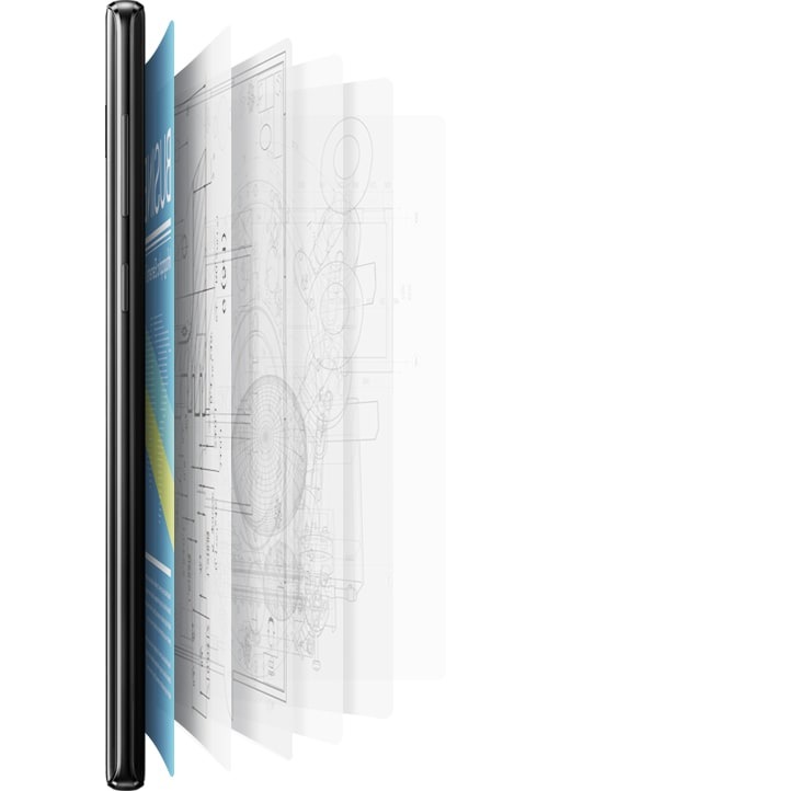 A simulated image of Galaxy Note9 seen from the right side with a variety of documents and images fanning out from the back