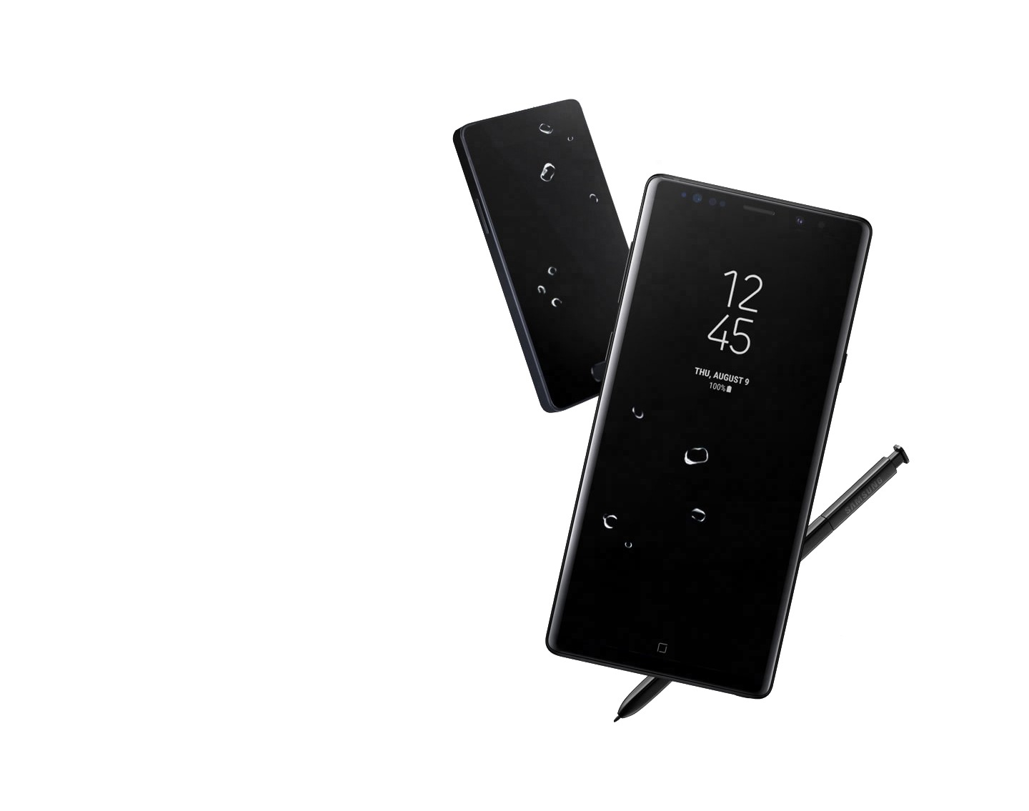A simulated image of Galaxy Note9 and S Pen underwater up to 1.5meters with the Always On Display on, and another phone in the back with a blank screen