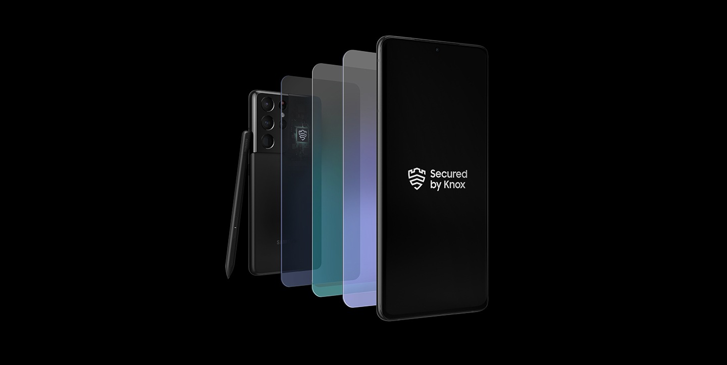 Galaxy S21 Ultra 5G in Phantom Black with four layers coming out, representing Samsung Knox data protection.