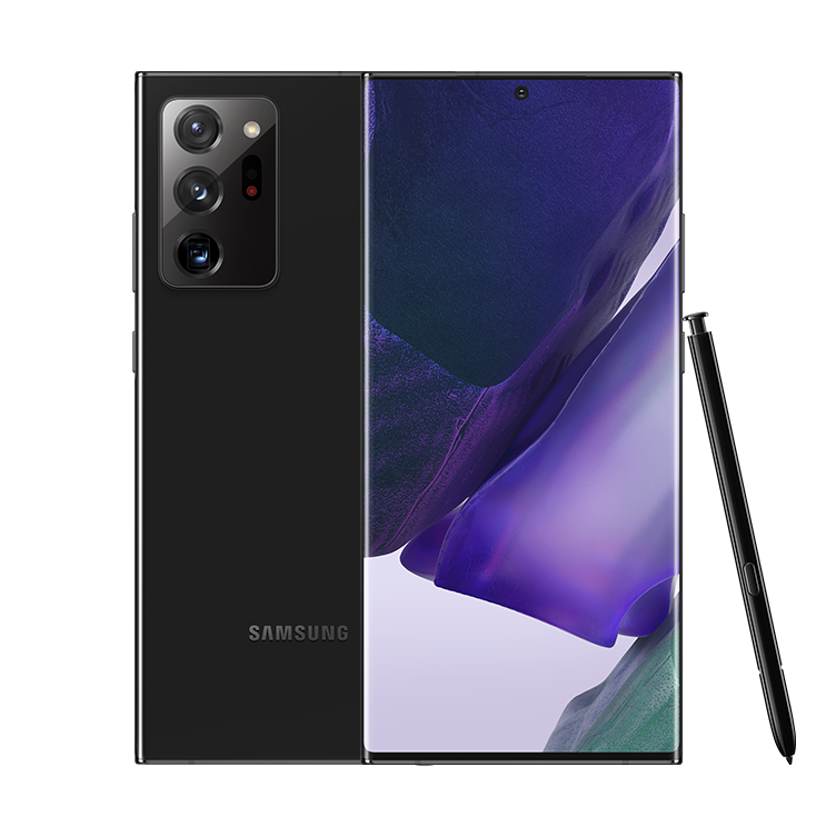 Two Galaxy Note20 Ultra phones in Mystic Black, one seen from the front and one seen from the rear. The one seen from the front has a graphic wallpaper onscreen and the matching black S Pen is leaning against the side.