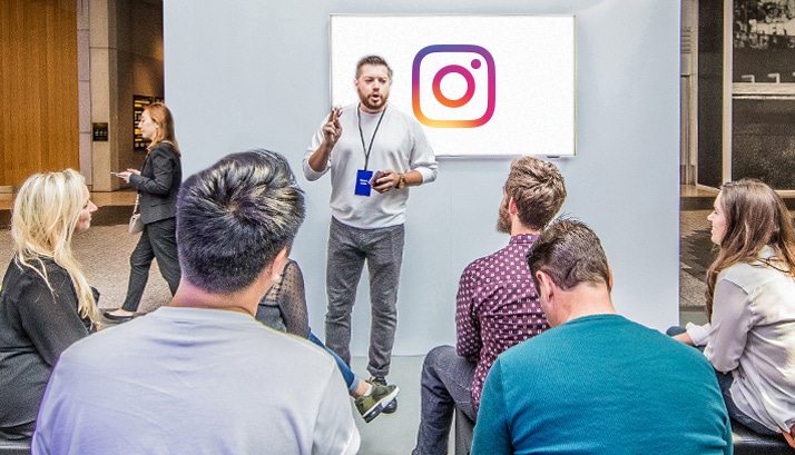 A Samsung x Instagram representative gives a presentation at a Instagram story school.