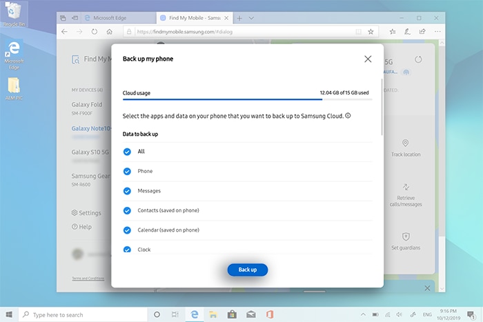 Select the data you would like to backup to your Samsung Account then click on Back up