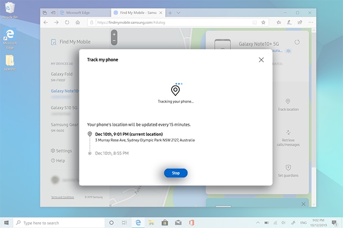 Location found, click on Stop to stop tracking location