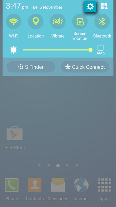 Swipe down from the top of the screens and tap the Settings cog-wheel