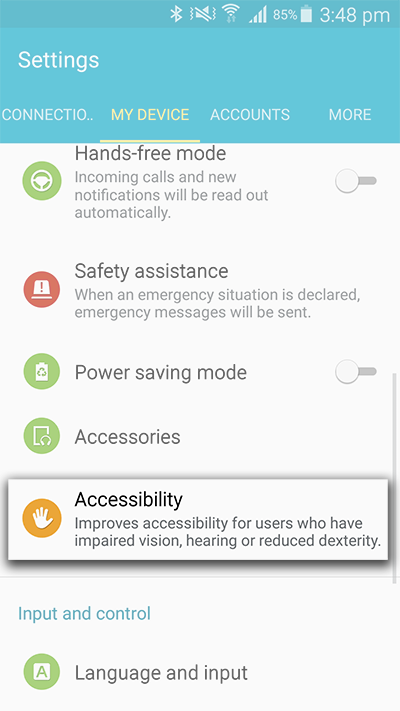 Scroll down to select the Accessibility option