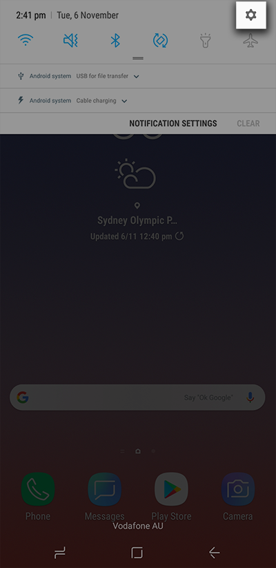Swipe down from the top of the screens and tap the Settings cog-wheel