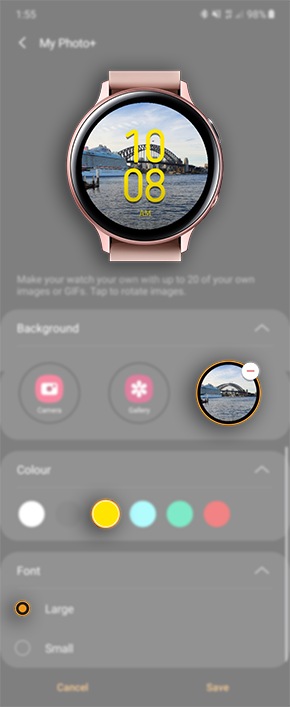 Add any other images from the gallery to be displayed on your watch face and customise the font and colour, once complete select save