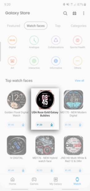 locate the watch face you would like to purchase then tap on the download icon