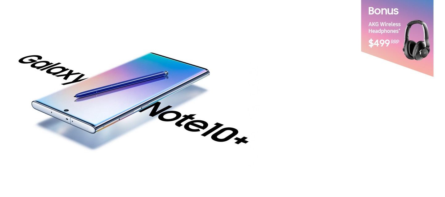 Galaxy Note10 plus 5G laying on its back at a three-quarter angle with a blue S Pen laying across its screen and a gradient graphic and text that says 5G onscreen. On either side of the phone is text saying Galaxy Note10 plus.