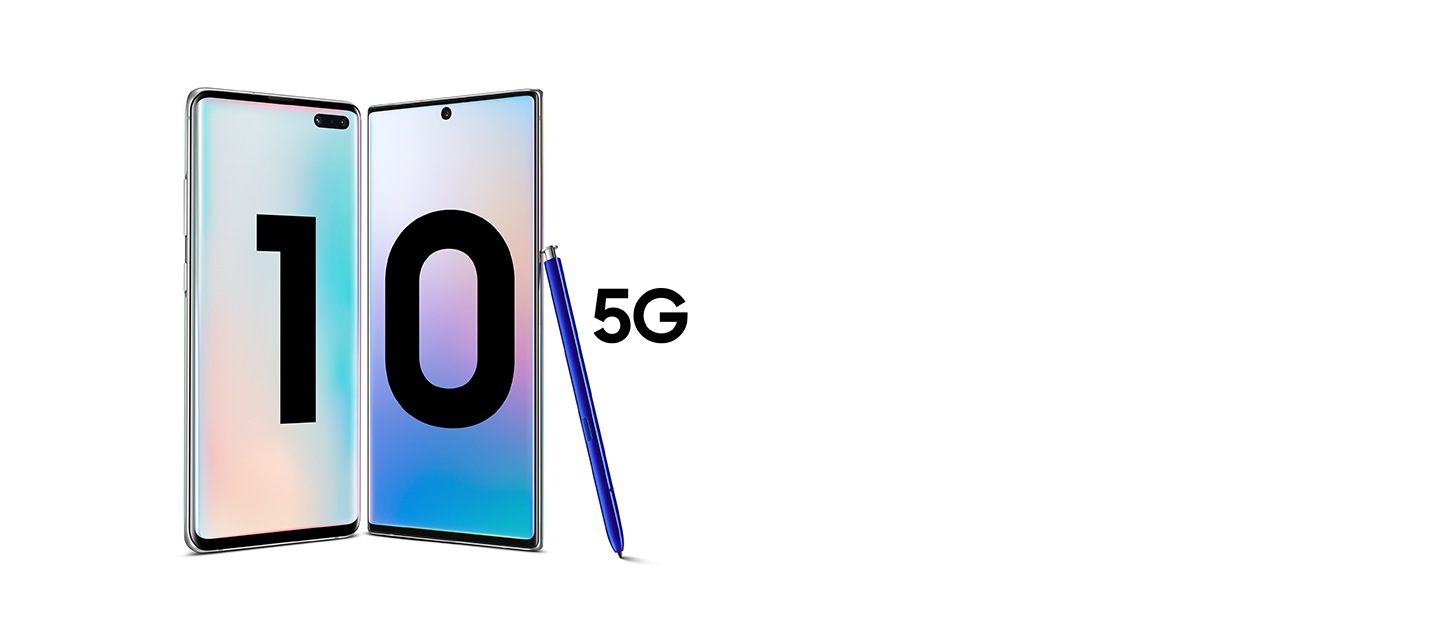 Galaxy S10 plus 5G and Galaxy Note10 plus 5G with blue S Pen leaning against Galaxy Note10 plus. Both phones have a gradient wallpaper onscreen.