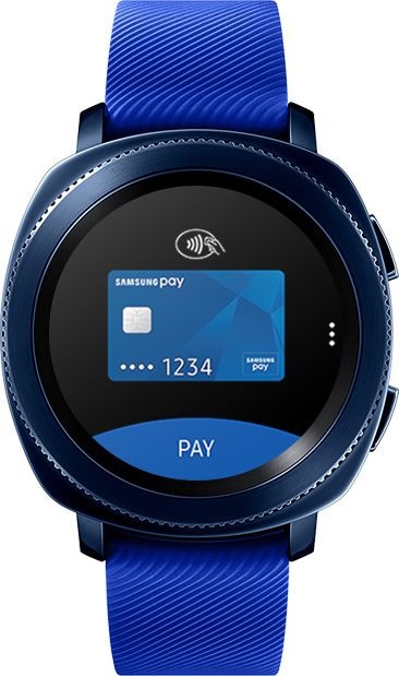 Front view of Gear Sport blue with Samsung Pay open on watch face