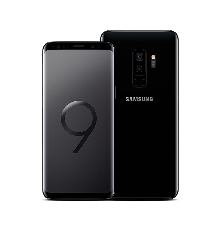 Galaxy S9 seen from the front and Galaxy S9+ seen from the rear, both in midnight black