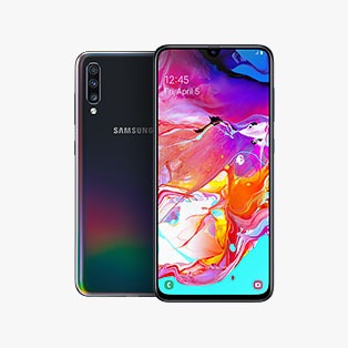 Rear-facing Galaxy A70 behind Galaxy A70 in portrait mode, with purple, orange, and blue paint splatter onscreen.