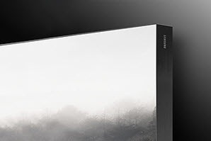 A zoomed in shot to the corner of The Wall display against a dark background to show the sleek design of the product