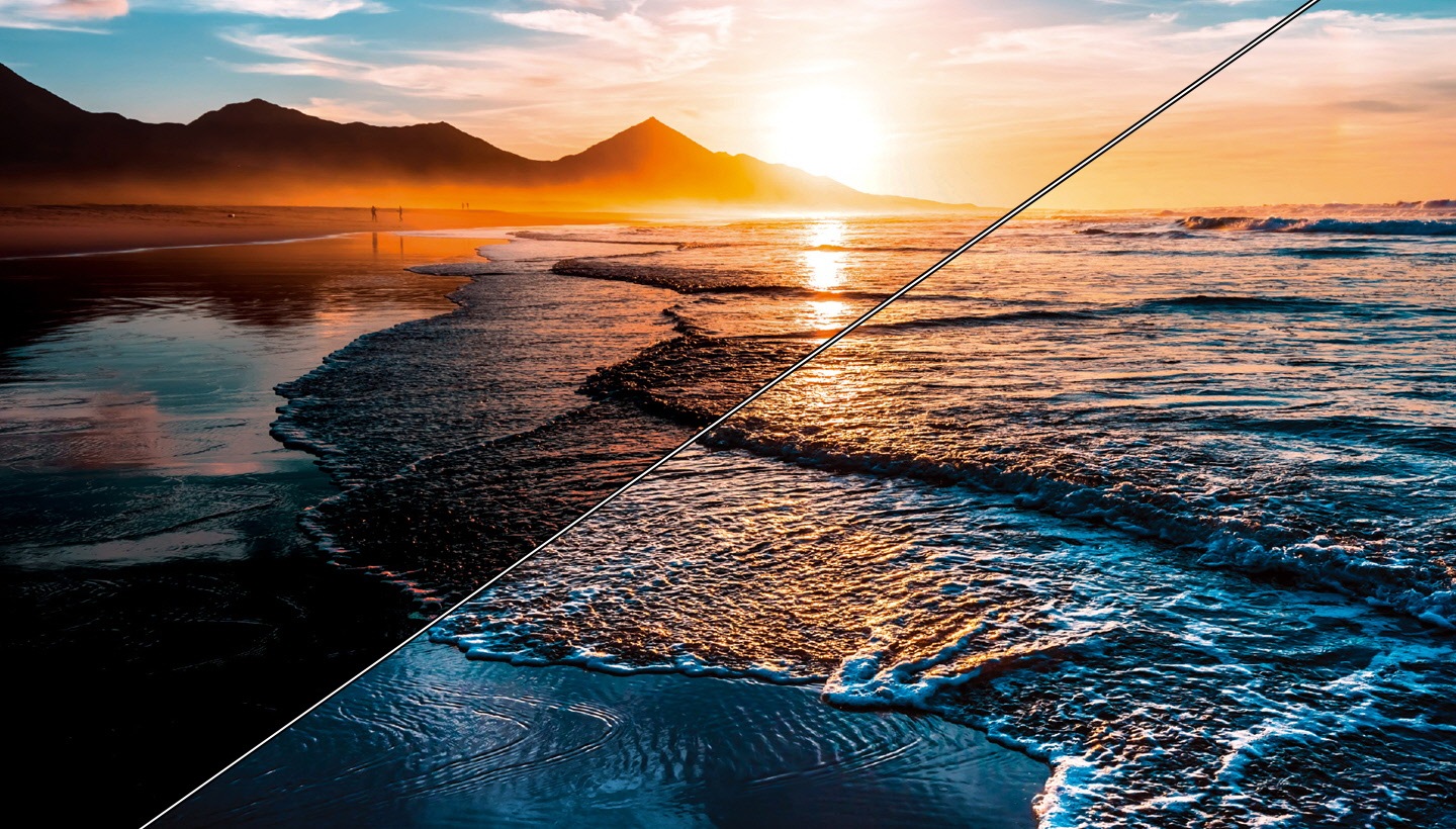 A shore image divided into two - dark one without HDR technology and bright one with HDR technology
