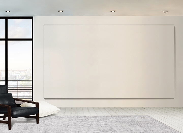A simple living room environment with The Wall displaying a matching background to the actual wall
