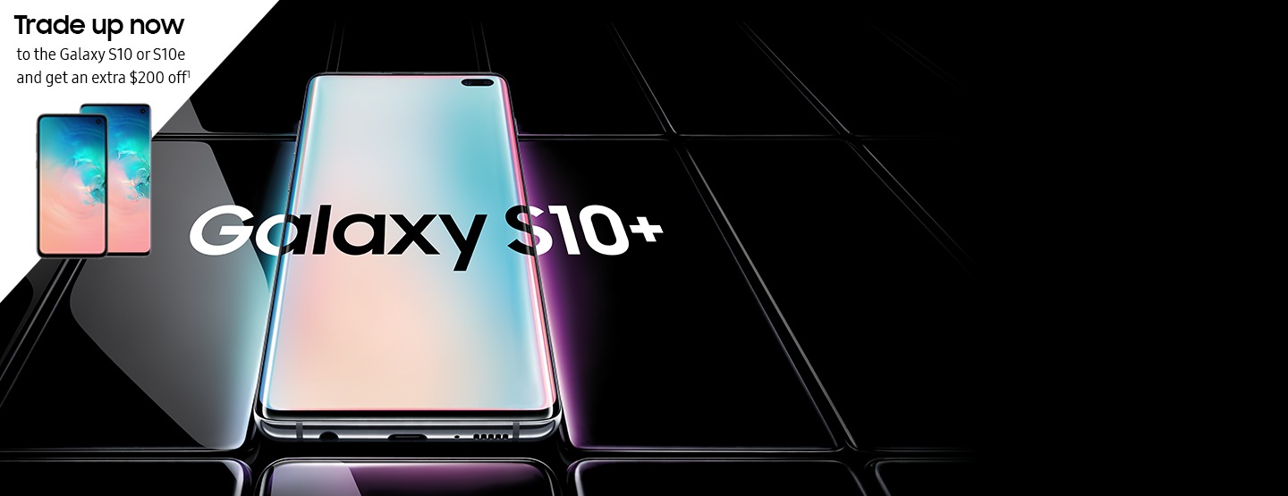 Several Galaxy S10 plus phones all laid flat and seen at an angle from the bottom. All are black except the one in the middle, which is shown with a prismatic white gradient onscreen with Galaxy S10 plus overlaid on top of it and the two phones on either side.