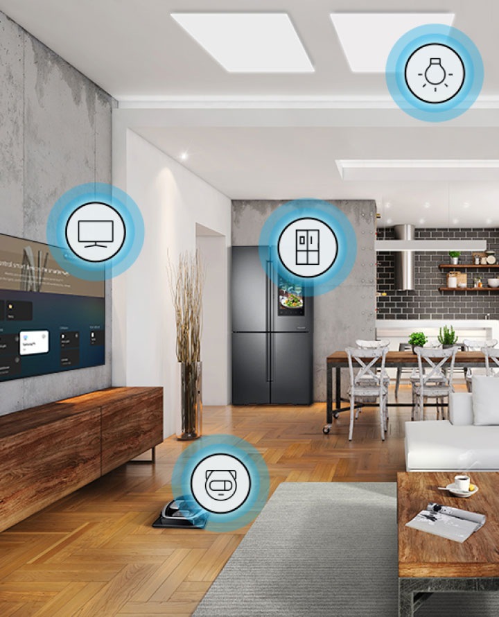 A picture of living area with multiple Samsung appliances and SmartThings icons