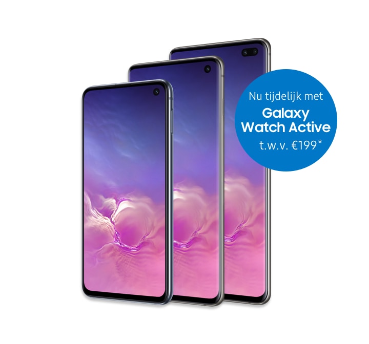 Twee Galaxy S10-telefoons in Prism White, één gezien vanaf de achterkant en één gezien vanaf de voorkant. De telefoon gezien van voren heeft een abstract koraal en een blauwe afbeelding op het scherm.