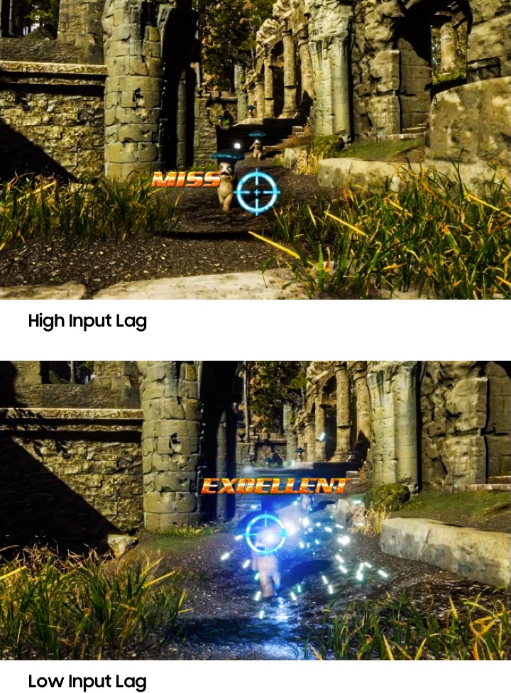 Video lage input lag en FreeSync (VRR) Op twee TV-schermen kun je de input lag tijdens een schietspel vergelijken. De QLED TV 2020 heeft een lagere input lag, oftewel minder vertraging. De TV met een lage input lag heeft een betere beeldkwaliteit tijdens het spel in vergelijking met een TV met een hoge input lag.