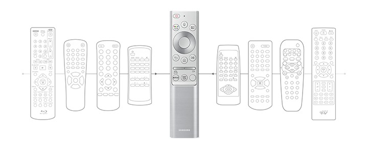 Een Samsung One Remote Control staat in het midden opgesteld in een rij met andere afstandsbedieningen. Pijlen wijzen naar de One Remote Control om te laten zien hoe je met een universele afstandsbediening al je Smart Home-apparaten kunt bedienen.