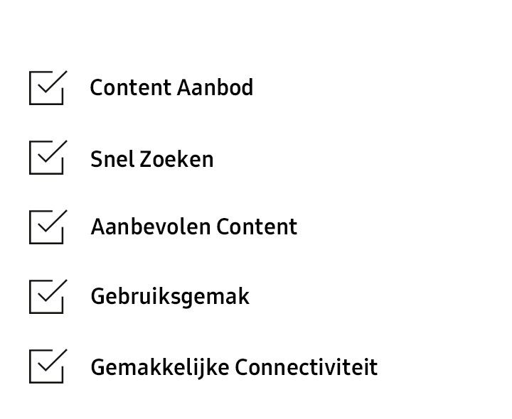 Een checklist met daarop vijf afgevinkte aandachtspunten voor het kopen van een Smart TV: content aanbod, snel zoeken, aanbevolen content, gebruiksgemak en gemakkelijke connectiviteit.