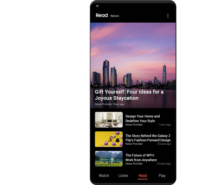 Un écran Galaxy affiche l’écran d’accueil Read qui présente un article principal ainsi que d’autres articles en dessous.