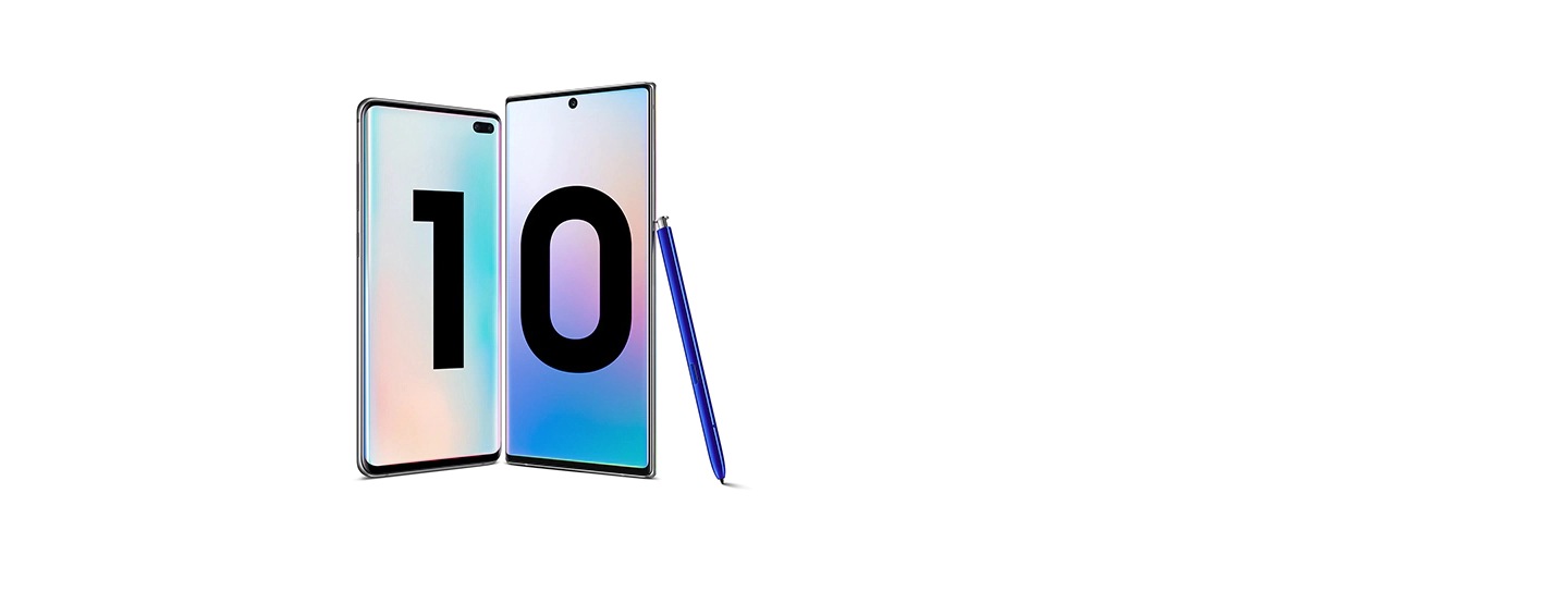 Galaxy S10 plus et Galaxy Note10 plus avec S Pen bleu appuyé contre le Galaxy Note10 plus. Les deux téléphones ont un fond d’écran dégradé.