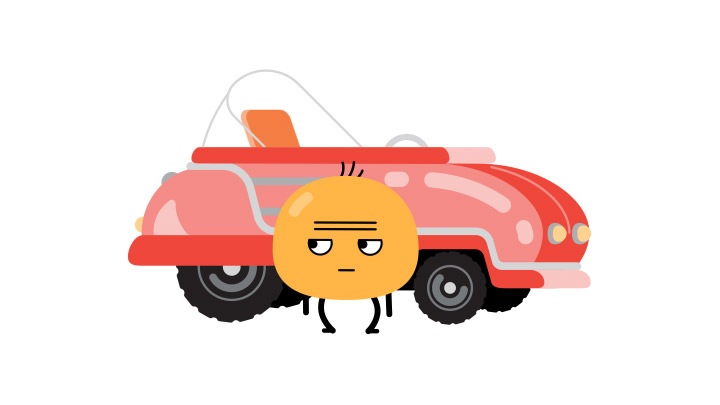 L’émoticône In-Traffic Reply se tient devant sa voiture, avec un air ennuyé.