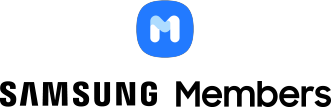 L’icône de l’application Samsung Members dont la lettre M est entourée d’un fond bleu est placée à côté du logo Samsung.