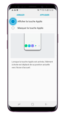 Sélectionnez « Afficher la touche Applis » et appuyez sur « Appliquer »