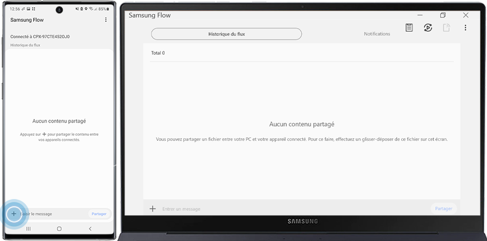 Pour partager un fichier avec Samsung Flow, touchez l'icône Plus sur l'appareil où le fichier est stocké