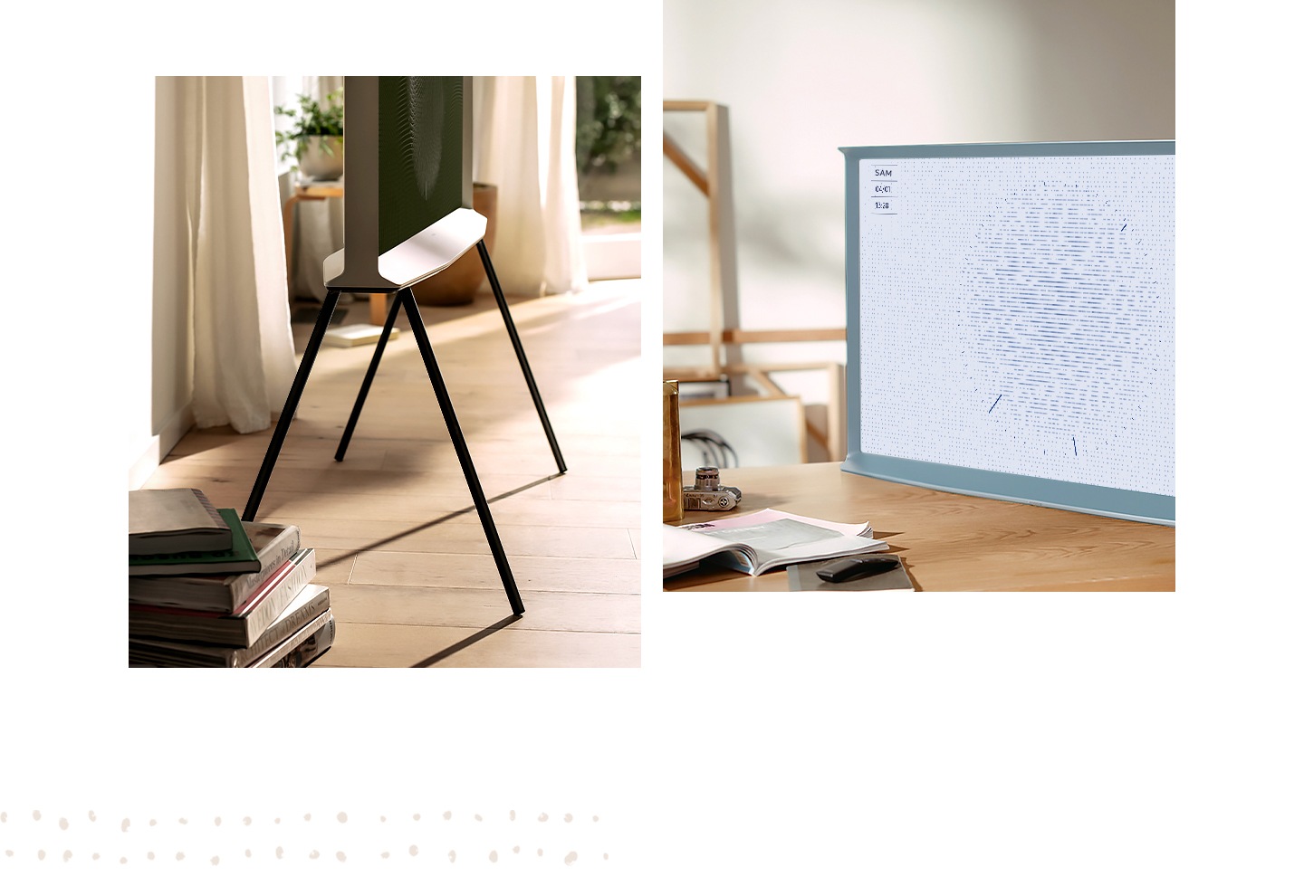 La moitié inférieure d'un modèle Cloud White de la Serif est présentée de côté sur un support noir dans une pièce de séjour sobre, avec des livres en arrière-plan. Un modèle Cotton Blue est présenté avec le support détaché, posé sur une table.