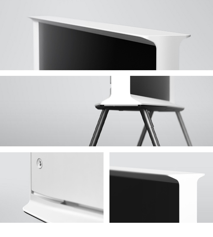Vidéo de présentation de I shaped design Quatre gros plans d'un modèle Cloud White de la Serif qui présente le design élégant de la TV avec son profil iconique en forme de I depuis tous les angles.